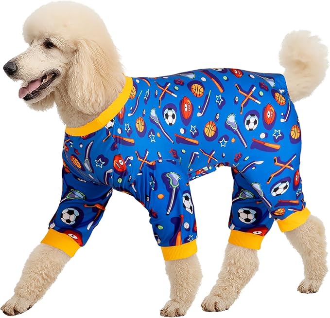 LovinPet Large Dog Onesies for Surgery Recovery, Dog Pajamas for Large Dogs,Lightweight Stretchy Fabric,Blue Sports Print,Dog Pajamas for Surgery Recovery, Easy to Wear, Onesies for Dogs, 2XL