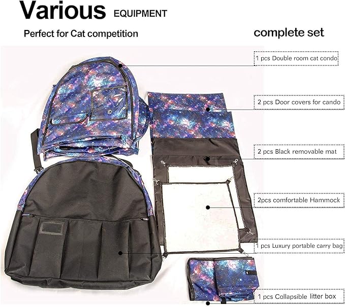 Mispace Portable Twin Compartment Show House Cat Cage/Condo - Easy to Fold & Carry Kennel - Comfy Puppy Home & Dog Travel Crate with Portable Carry Bag/Two Hammocks/Mats and Collapsible Litter Box