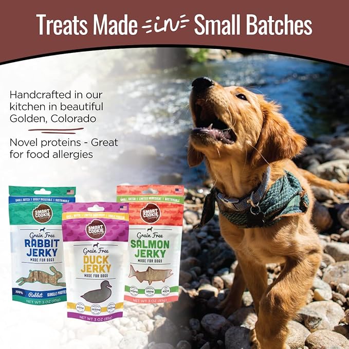 Smart Cookie Jerky Dog Treats - 3 Flavor Variety Pack - Rabbit, Salmon & Duck Jerky - Training Treats for Dogs, Puppies with Allergies, Sensitive Stomachs - Grain Free, Made in USA - 3oz