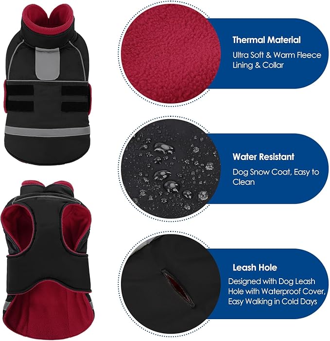KOESON Dog Winter Coat, Warm Dog Jacket with Leash Hole for Easy Walk, Waterproof Pet Fleece Vest with Adjustable Hook & Loop Closure, Reflective Windproof Cold Weather Coat for Small Dogs, Black XS
