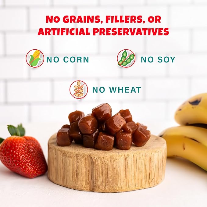 Bananas+Strawberries Plant-Based Fruit Dog Treats - Strawberry, Apple, Banana Soft & Chewy Treats - Healthy, Vegetarian, Vegan - Organic Ingredients, Low-Protein, Hypoallergenic, Gluten-Free