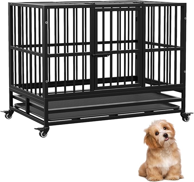 Heavy Duty Metal Dog Crate, 37 in Double Door Dog Cage with Wheels, Folding Indoor Pet House with Removable Tray Perfect for Small, Medium and Large Pets