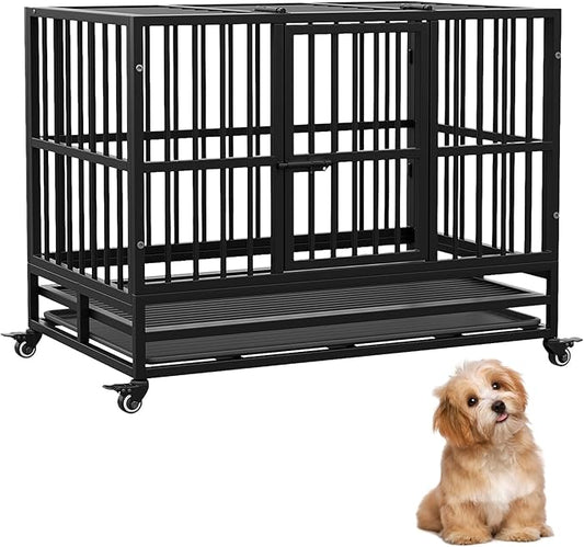Heavy Duty Metal Dog Crate, 37 in Double Door Dog Cage with Wheels, Folding Indoor Pet House with Removable Tray Perfect for Small, Medium and Large Pets