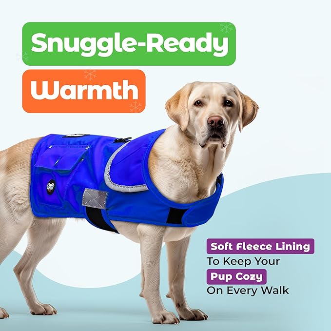 Joyride Harness FrostFlex Dog Winter Jacket - Fleece Lined & Water-Resistant - Snowsuit with Pockets for Treats & Poop Bags - Durable Cold Weather Dog Coat - Blue Serenity-M
