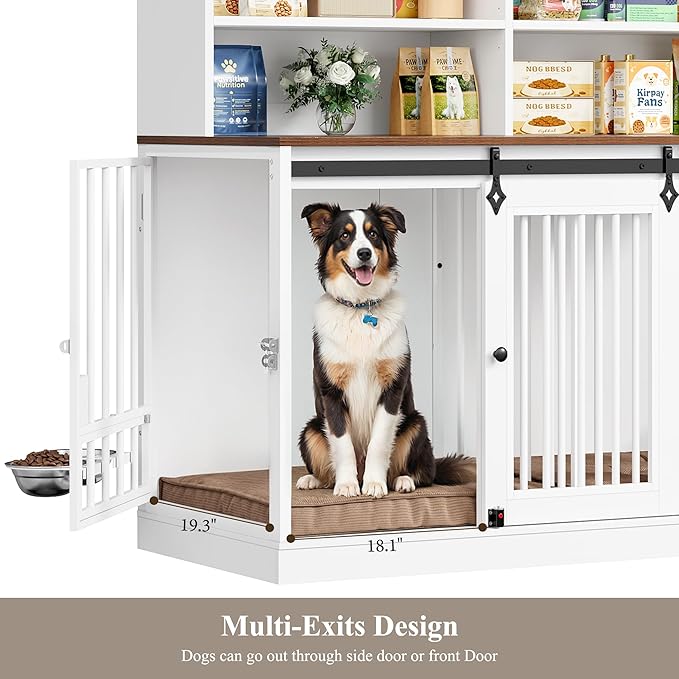 HOSTACK 71" Tall Dog Crate Furniture, 55" W Dog Kennel with Storage Hutch, XL Dog Crate for 2 Dogs with Feeding Bowls, Indoor Heavy Duty Dog Cage with Removable Room Divider, Wooden Pet House, White