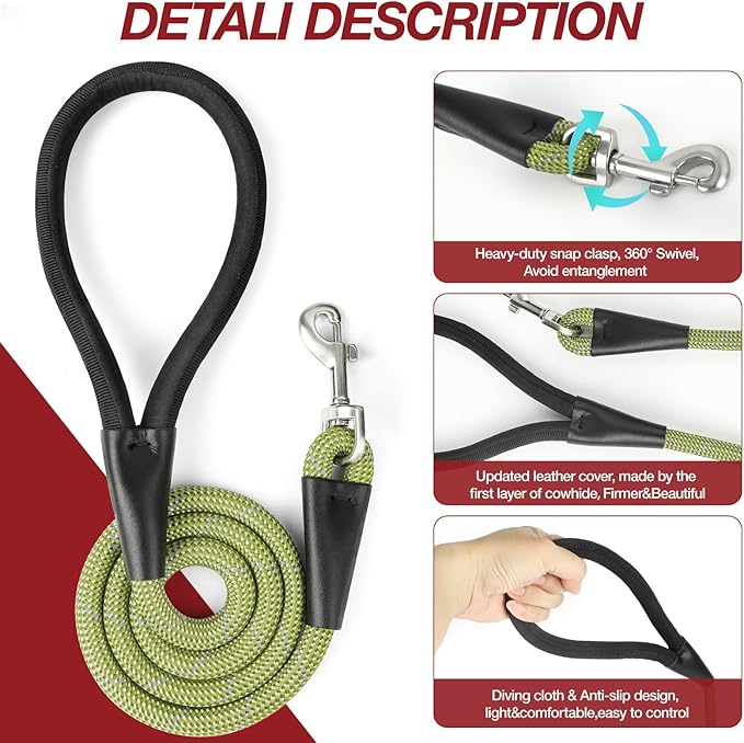 Green 4FT Dog Leash for Large Dogs Night Walking Reflective Heavy Duty Chew-Resistant Nylon Leash with Padded Handle and 360° Swivel Clip Strong for Medium to Large Breeds