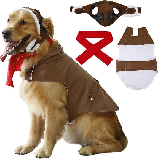 3 Pcs Dog Pilot Costume Set Halloween Dog Costume Aviator Pet Leather Jacket, Pilot's Hat with Goggles and Scarf Set Funny Cosplay Outfit for Extra Large Pet