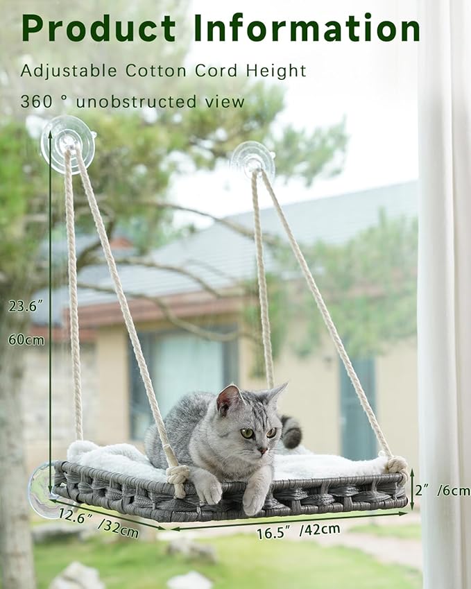 Cat Window Perch, Cat Window Hammock Bed for Indoor Cats, Large Handwoven PE Rattan Window Seat, 4 Suction Cups, Double Sided Washable Cushion Bed, 2.3 Inch Fence Shelf, for Pet Kittens Gray