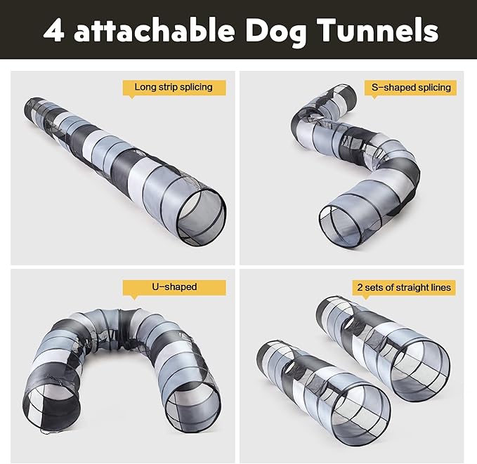 Dog Agility Training Equipment,Course Backyard Set Training Equipment for Dogs Pet Outdoor Game with Grey and Black Tunnel, Agility Hurdle, Poles, Jump Ring, Pause Box, Toy Balls and Storage Bag