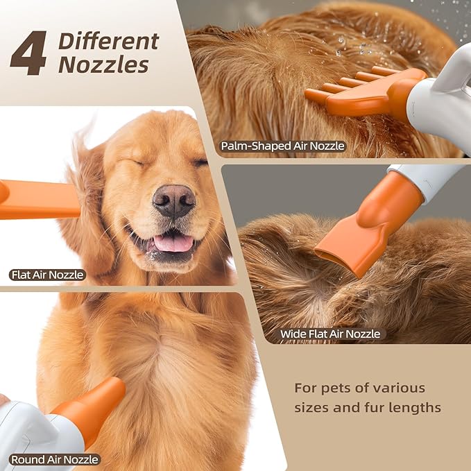 Dog Blow Dryer for Pet Grooming - Maximum 495ft/s High Velocity Pet Blow Dryer with Cool-Warm-Hot Cycle Mode, Adjustable Temp & Speed, Dog Dryer with 4 Nozzles and Up to 6.56ft Flexible Hose