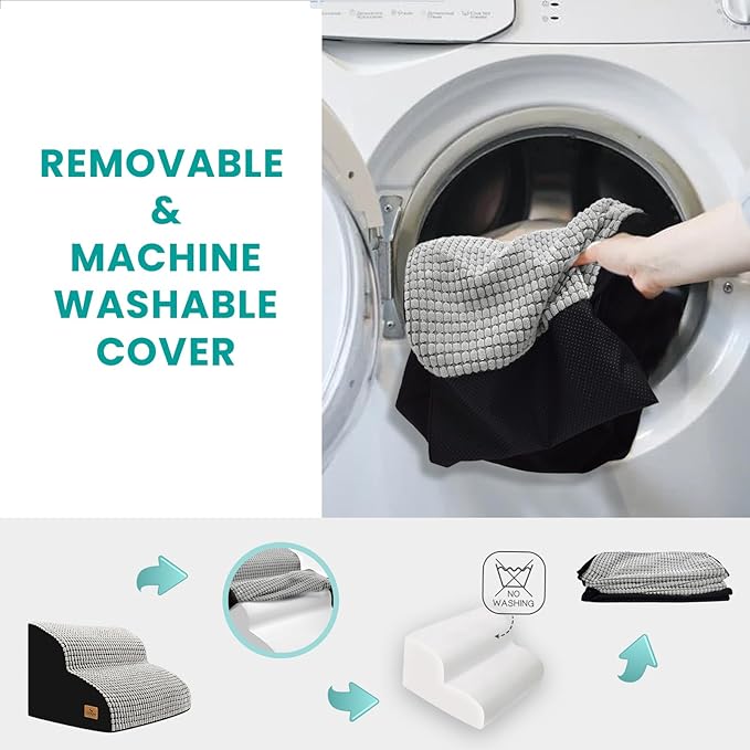 Dog Stairs for Small Dogs, 11.8 in H 2 Step Curved Dog Ramp for Bed and Couch, Foam Dog Ramp with Durable Non-Slip Waterproof Fabric Cover, Pet Stairs for Pets Joints, Light Grey