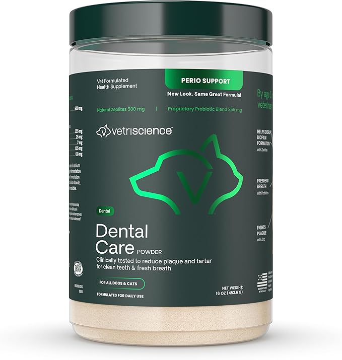 VetriScience Dental Care Powder - Dental Supplement Powder for Dogs & Cats - Supports Breath Freshening - Healthy Teeth & Gums - Easy-to-Use Oral Hygiene for Pets - 16 oz