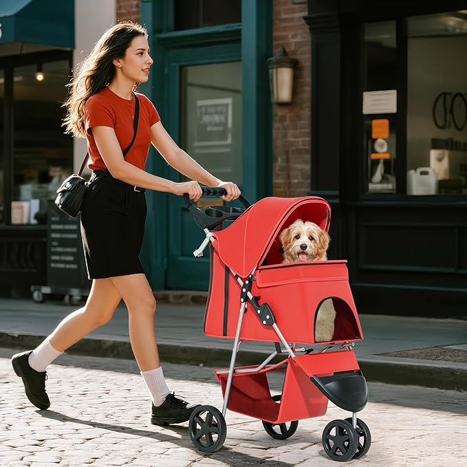 Cat Dog Stroller - 3-Wheels for Medium/Puppy Dogs 30 Lbs, Cats - Foldable with Storage Basket and Cup Holder, Breathable Mesh Red
