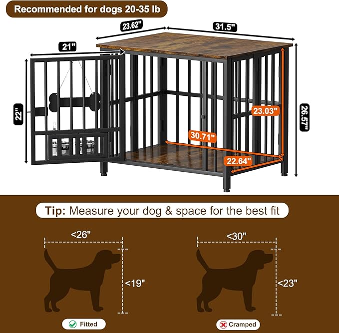 Easycom 31" Dog Crate Furniture Foldable, No Assembly Decorative Dog Kennel Indoor, Dog Crates for Medium Dogs(20-35 lb), Wooden Dog Cage with Adjustable Bowls and Name Tag, End Table, Rustic Brown