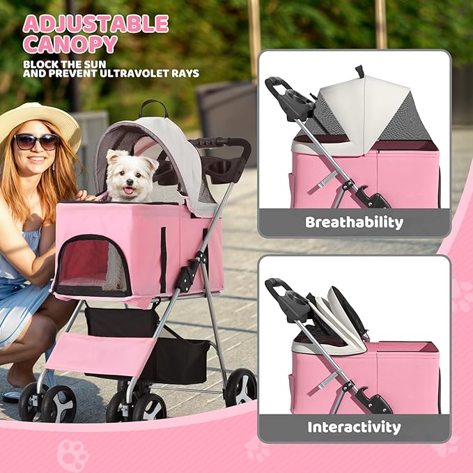 Magshion Foldable Pet Stroller, 3-in-1 Dog Travel Jogger with Detachable Carrier, Cup Holder, Storage Basket, Folding Carrier for Small/Medium Dogs & Cats Up to 33 lbs, Pink