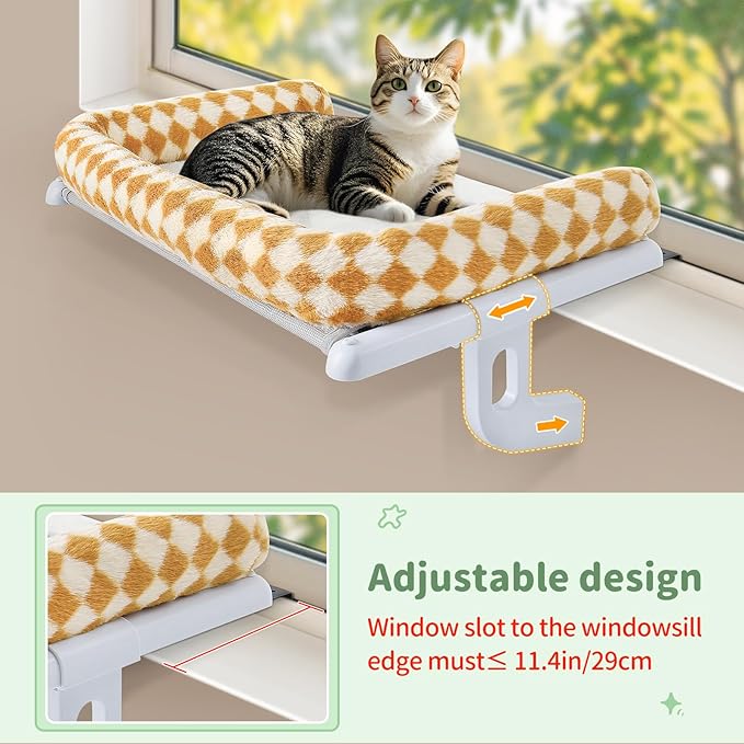 Sunhoo Cat Window Perch Hammock Sturdy Windowsill Bed Seat for Large Cats No Drilling No Suction Adjustable Kitty Shelf with Washable Cover Easy Assembly Holds up to 40 lbs 22.05 * 15 in (Brown, S)