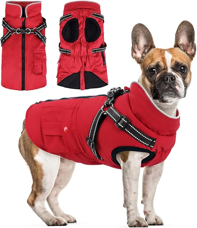 Dog Winter Coat with Harness Built-in | Waterproof Dog Jacket with Zipper & Fleece Lining | Reflective Cold Weather Coat for Small Medium Large Dogs