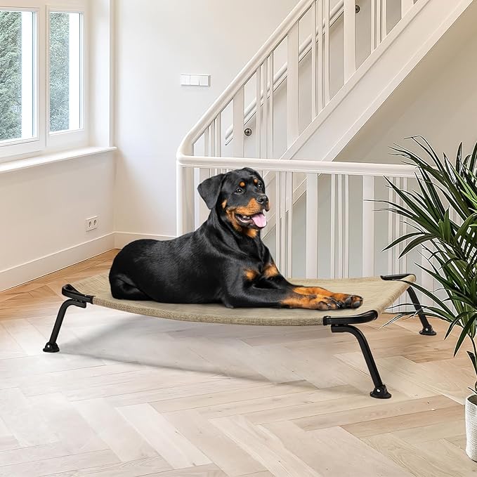 Veehoo Outdoor Elevated Dog Bed, Cooling Raised Dog Cot Bed XL, Portable Waterproof Curved Dogs Hammock Beds for Outside, up to 150lbs, Black Legs, Beige 49"