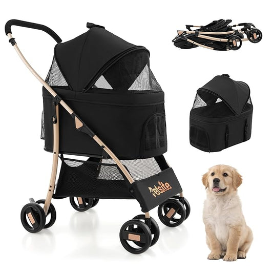 PETSITE 3-in-1 Pet Stroller, Portable Folding Dog Cat Stroller with Removable Car Seat Carrier, Adjustable Canopy, Zippered Mesh Entry and Storage Basket, Ideal for Small or Medium Sized Dogs