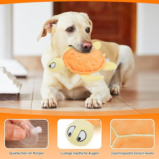 Squeaky Sea Turtle Plush Dog Toy - Durable, No Stuffing, Interactive Chew Toy for Small Dogs - Relieve Anxiety, Teething, and Keep Them Busy for Puppy(Orange)