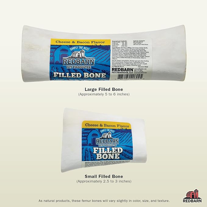 Redbarn Pet Products Small Filled Dog Bones, Cheese & Bacon Flavor - Long Lasting Stuffed Femur Chew Treat Made in USA - 4 Count - Packaging May Vary