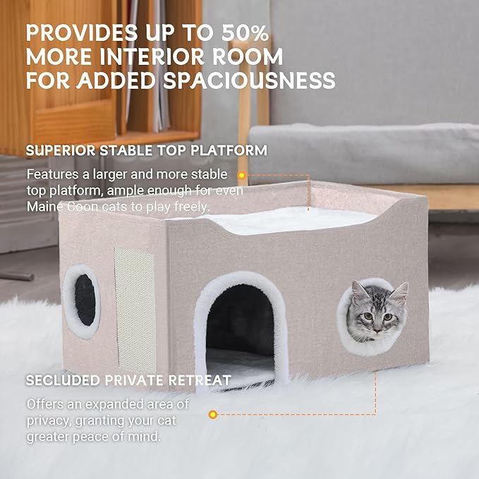 Cat House for Indoor Cats – Foldable Cat Cave & Covered Cat Bed, Cozy Hideaway for Small Pets and Large Cats (23.6"x16"x12.8"),Beige