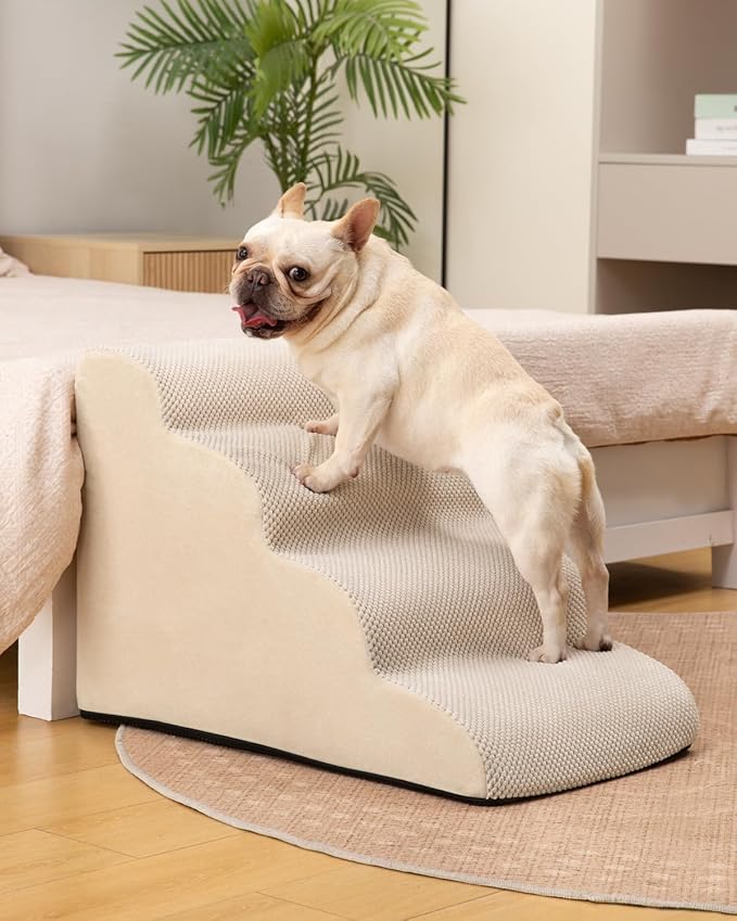 Dog Stairs Ramp for Bed and Couch,4 Step Dog Steps for Small Dogs,Pet Stairs with Non-Slip Bottom for Old Cats,Indoor Pet Steps,Comfort,Durable,17.4" H,Beige