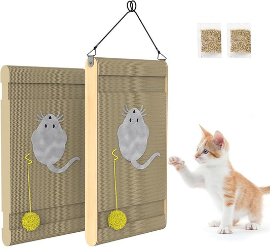 Cat Scratch Pad. Corrugated Cat Scratcher for Indoor Cats with Catnip. Cardboard Cat Scratcher with Mouse Logo and Hanging Ball Toy Design. Replaceable core Cat Scratching Board.(Pack of 2)