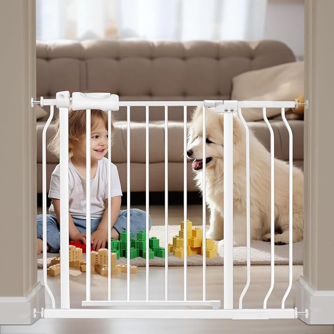 Extra Wide Baby Gate Extra Tall Dog Gate for Stairs Doorways White Metal Tension Child Pet Safety Gates with Pressure Mount 34-38.5 Inch Wide