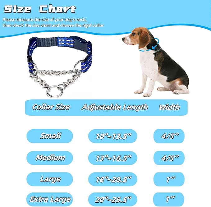 Martingale Dog Collars, Reflective Nylon Collar with Stainless Steel Chain, Adjustable Walking Training Dog Collars with Quick Release Buckle, Suitable for Small Medium Large Dogs(Blue,L)