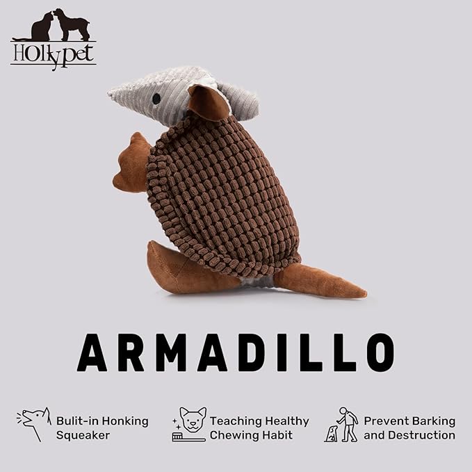 Hollypet Plush Dog Squeaky Toy Stuffed Armadillo Animal Pet Puppy Chew Toys with Clean Teeth for Small Medium Large All Breed Sizes Dogs, Brown, 14 in