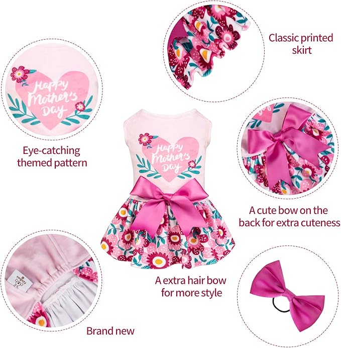 CuteBone Happy Mother's Day Dog Dress Velvet for Small Dogs Girl Floral Skirt Pink Puppy Dresses Dog Clothes CVA22L-D