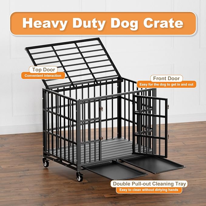 38 Inch Heavy Duty Dog Crate with Wheels,Indestructible Escape-Proof Dog Kennel with Locking Latch and Double Door,Extra Large XL XXL Crate Indoor for Large and Medium Dog with Removable Tray