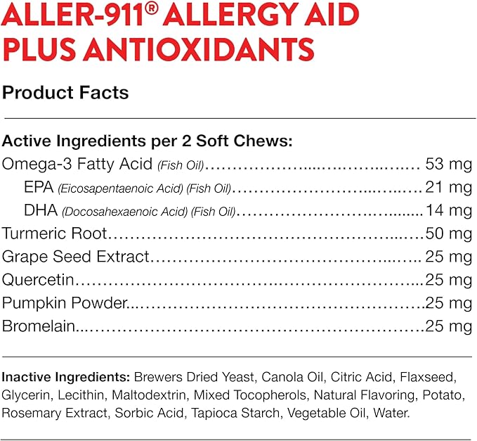 NaturVet Aller-911 Advanced Allergy Aid for Dogs, Cats – Antioxidant-Rich Pet Supplement with Omegas, DHA, EPA – Helps Support Dog Immune System, Cat Respiratory Health, Skin Moisture 180 Soft Chews