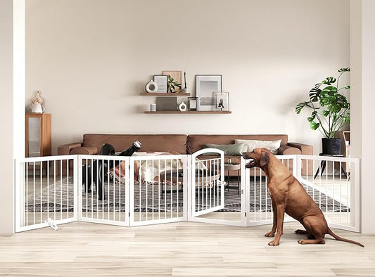 JSB 144-inch Extra Wide 30-inch Tall Dog gate with Door Walk Through, Freestanding Round Tube Pet Gate for Halls Stairs, Puppy Safety Dog Fence with 2PCS Support Feet (White)