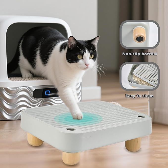 SpaceTime Elevated Litter Box Step/Ramp/Catcher Cat Litter Mat with Wooden Base,Anti-Tracking Cat Litter Trapping Pad for Kittens & Senior Cats,Easy to Clean,Washable & Waterproof Mat(Grey)