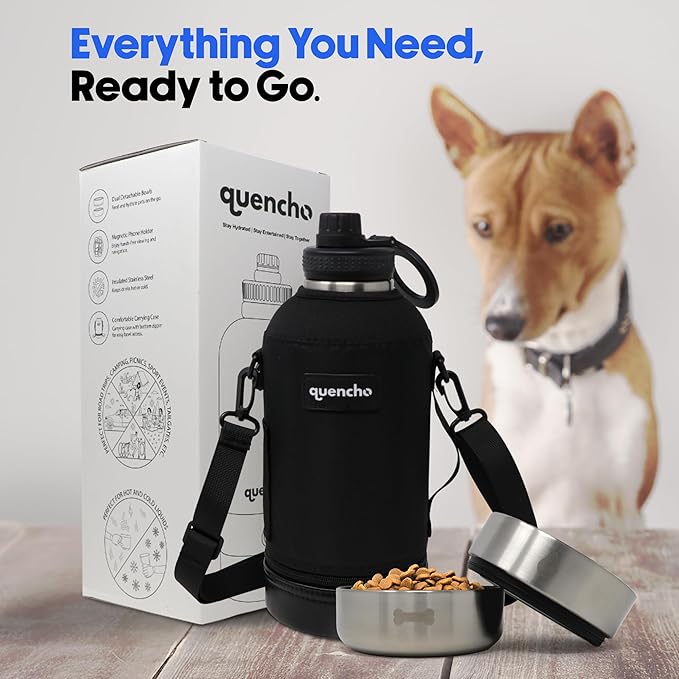 64oz Portable Dog Water Bottle for Hiking Travel Camping | 4-in-1 Stainless Steel Pet Water & Food Bowl Dispenser with Case & Strap