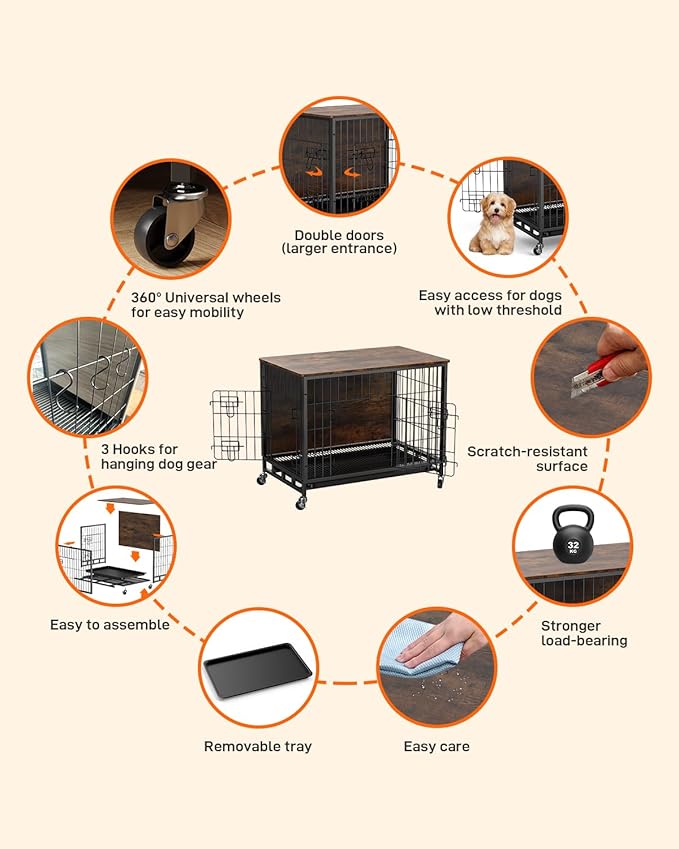 Dog Crate Furniture, 38.6" Wooden Dog Crate with Double Doors, Dog Furniture, Large Dog Kennel Indoor End Table for Large Dogs, Rustic Brown