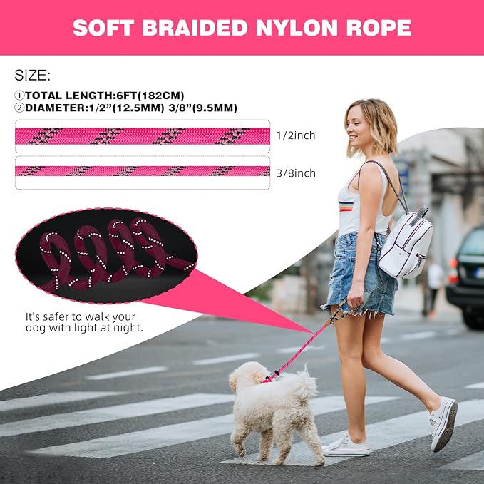 lynxking Slip Lead Dog Leash Reflective, Heavy Duty Comfortable Strong Rope Leash for Large, Medium Small Dogs No Pull Pet Training (Pink, Large 1/2in x 6ft-Slip Lead)