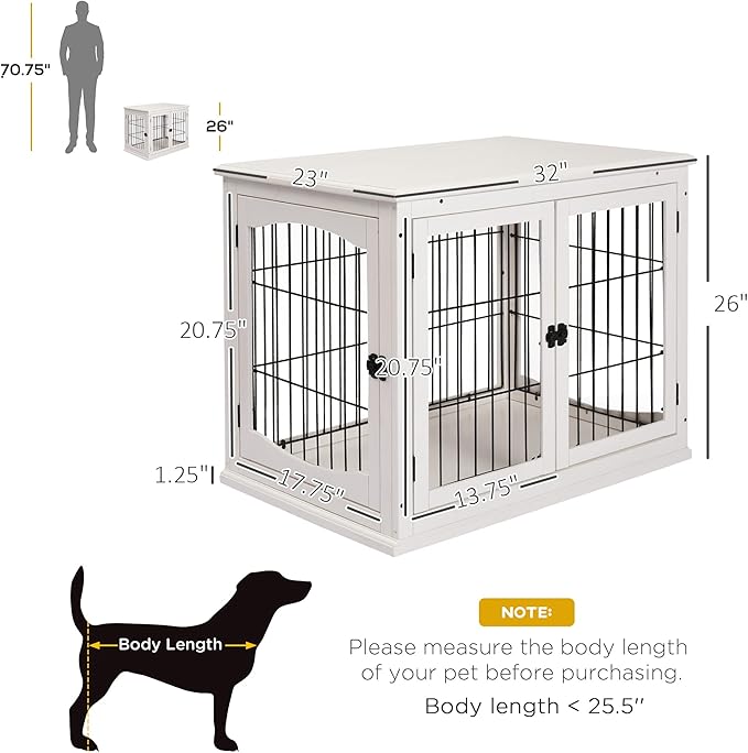 PawHut Dog Crate Furniture, 32" Small Dog Cage End Table with 2 Doors, Lockable Door, Puppy Kennel Indoor, White