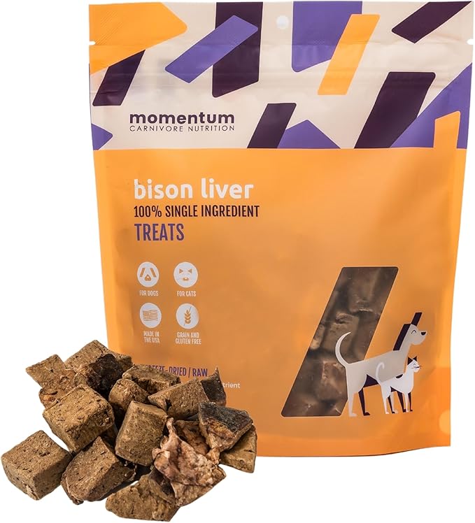 Momentum Carnivore Nutrition Freeze-Dried Bison Liver Dog Treats – Single-Ingredient, Dog & Cat Treats – High-Protein, Grain-Free– 4 oz Pack