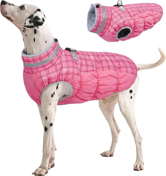 FUAMEY Dog Coat for Large Dogs,Waterproof Dog Winter Jacket with Harness Built in Puppy Cold Weather Coats Reflective Pet Vest with Zipper Warm Fleece Dogs Snowsuit Windproof Rose Plaid XL