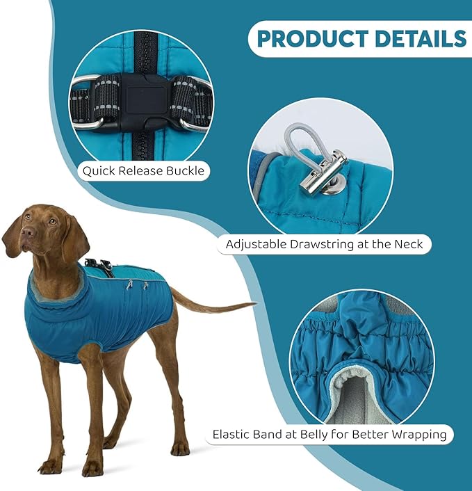 IDOMIK Warm Dog Coat with Harness, Waterproof Reflective Dog Jackets for Small Medium Large Dogs, Fleece High Collar Winter Jacket with Zipper, Pet Winter Snowsuit Clothes for Cold Weather,Blue 2XL