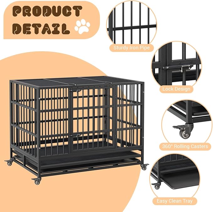 42 in Heavy Duty Dog Crate, Foldable Indoor Dog Cage with Double Door, 360° Lockable Wheels and Removable Tray, Easy to Clean and Assembly，for Small Medium Large Dogs