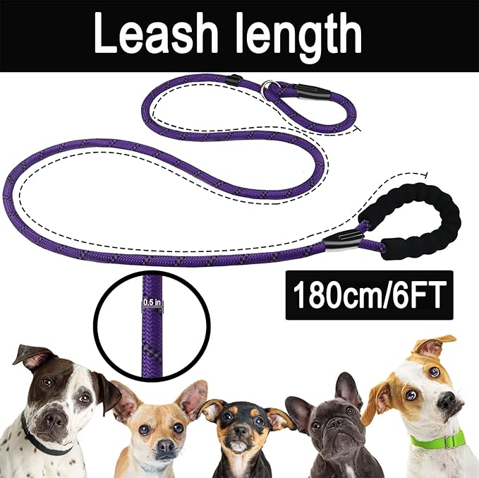 Dog Rope Leash, Strong Dog Leash, Premium Quality Training Dogs Leashes with Comfortable Padded Handle and Highly Reflective Threads for Small Medium and Large Dogs, (Purple)