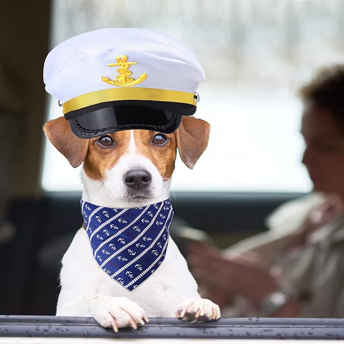 Yewong Pet Captain Sailors Costume Set Dog Cat Sea Captain Hat with Pet Anchor Triangle Bibs Scarf for Cat Puppy Navy Halloween Cosplay Costume Accessories Photo Props (White-C)