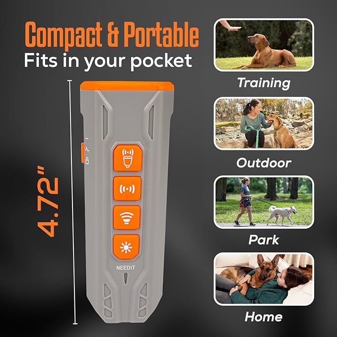 Dog Bark Deterrent Device to Stop Own or Neighbor’s Dog Barking, Biting & Fighting with Long Range – Rechargeable Ultrasonic Portable Anti Barking Device with 3X Sonic Emitters & Light (Gray)