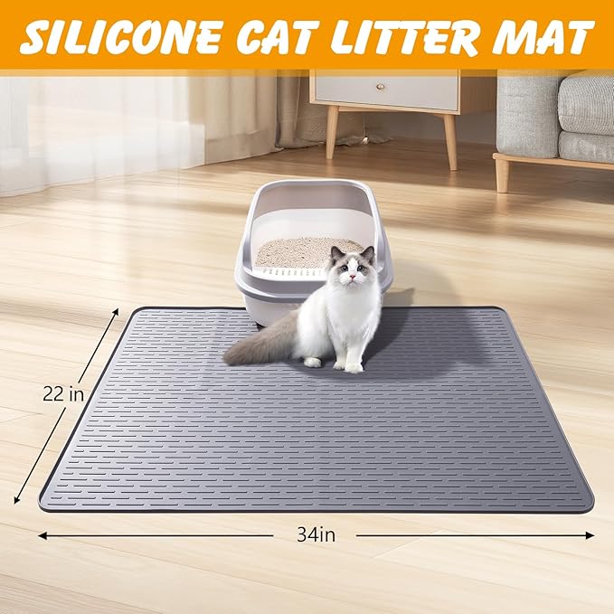 Silicone Cat Litter Mat, 34x22 in Waterproof Litter Box Mat Cats Feeding Mats with Raised Edges, Quick Clean Desig (Grey)