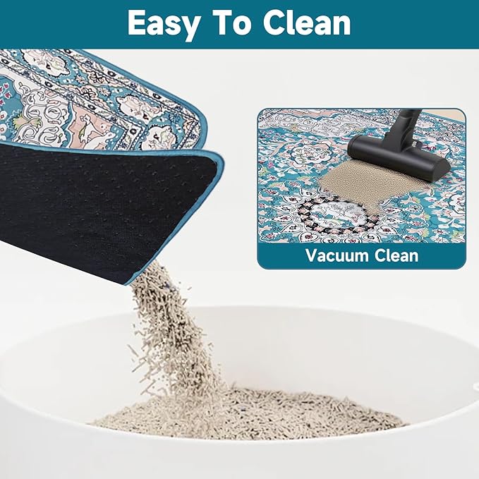 Cat Litter Mat, Reusable Kitty Litter Trapping Mat 2 PCs, 24"x18" Washable Litter Mats for Cats, Waterproof & Non-Slip Compatible with Cat Box (Lake Blue Medallion, 24"x18"(2 PCS))