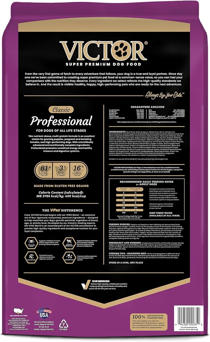 VICTOR Super Premium Dog Food – Professional Kibble Food – Super Premium Kibble with 26% Protein – Gluten-Free with Beef, Chicken & Pork Meals – for High Energy and Active Dogs & Puppies, 5lbs